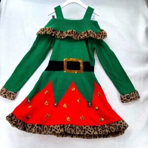 EUC Women’s Christmas Elf Sweater Dress sz Medium (8-10) Cheetah Bells Sequins